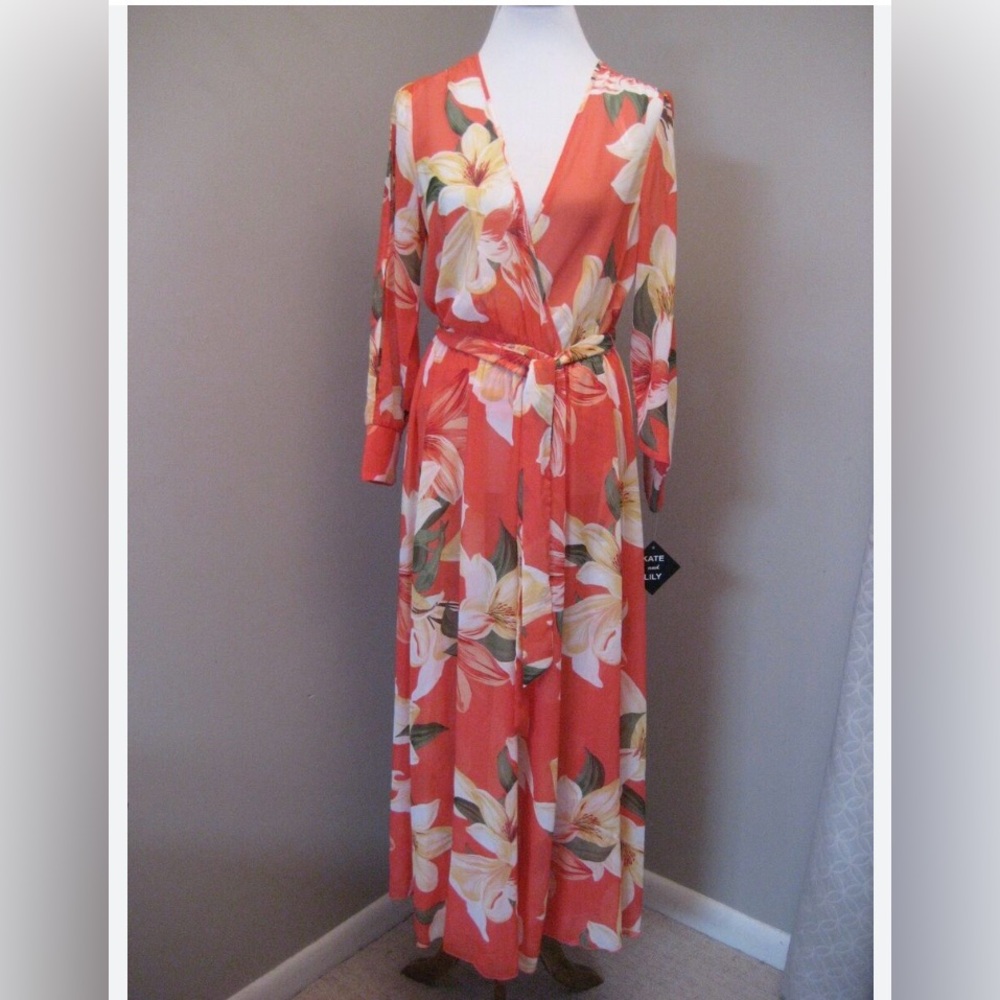 Kate and Lily sheer orange floral print maxi dresss size 6